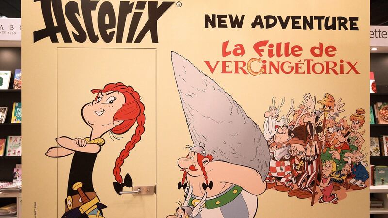 Advertising for the new Asterix book, La fille de Vercingetorix, is pictured at the Frankfurt book fair. Photograph: Daniel Roland/AFP/Getty Images