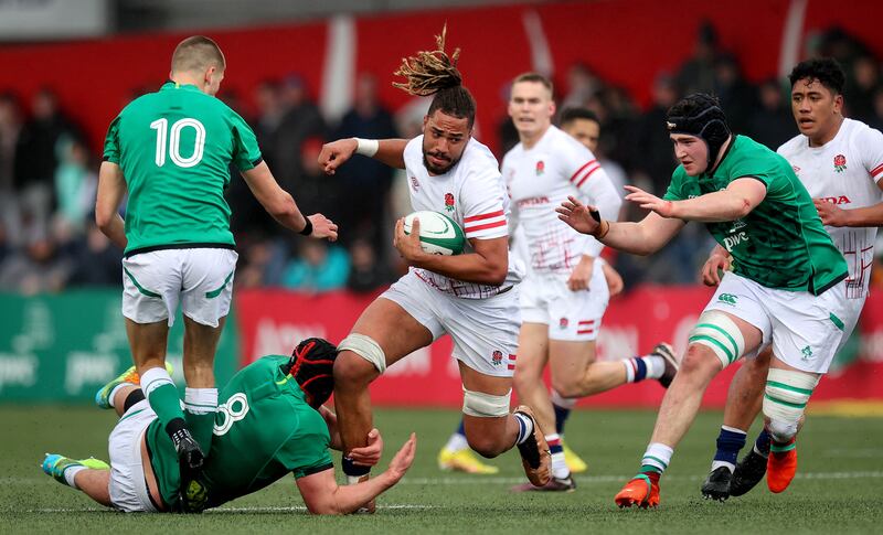 Sam Prendergast and Brian Gleeson with Chandler Cunningham-South of England during Ireland's victory in March. Photograph: Ryan Byrne/Inpho