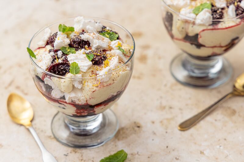 Mark Moriarty's Eton Mess with a boozy prune and blackberry compote. Photograph: Harry Weir