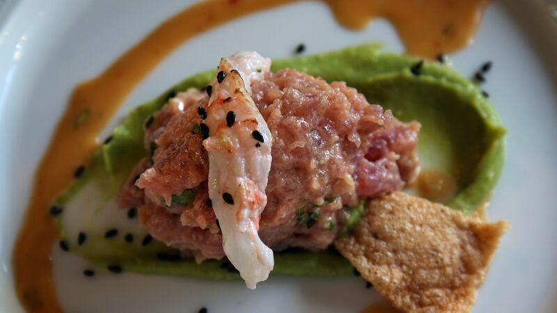 Yellowfin tuna tartare with sesame dressing and Dublin Bay prawns