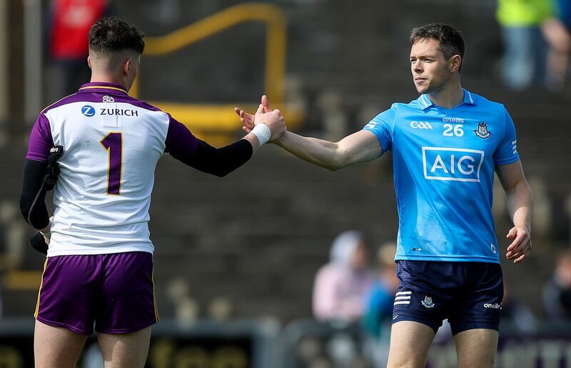 Leinster GAA Football Senior Championship Quarter-Final, Chadwick's Wexford Park, Wexford 4/7/2021
Wexford vs Dublin
Wexford's Darragh Brooks with Dean Rock of Dublin after the game
Mandatory Credit ©INPHO/Tommy Dickson