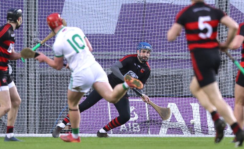 Ballyhale Shamrocks' Adrian Mullen sees his shot saved by Stephen O’Keeffe of Ballygunner during the game at Croke Park. Photograph: Tom Maher/Inpho