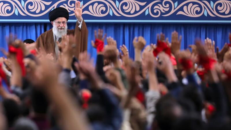 A  photo from the Iranian supreme leader’s office shows  Ayatollah Ali Khamenei greeting a crowd of Iranian students in Tehran, Iran,  today. Photograph: Handout/EPA