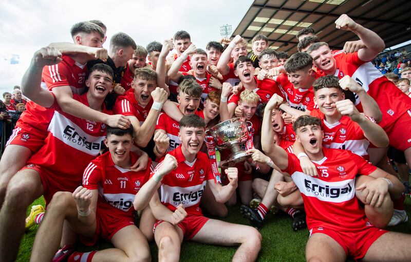 Derry celebrate with the Tom Markham Cup after their victory over Monaghan in the All-Ireland minor final at the BOX-IT Athletic Grounds, Armagh. Photograph: Tom Maher/Inpho 