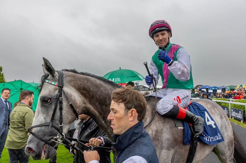 Colin Keane on Field of Gold after winning The Tattersalls Irish 2,000 Guineas. Photograph: Morgan Treacy/Inpho