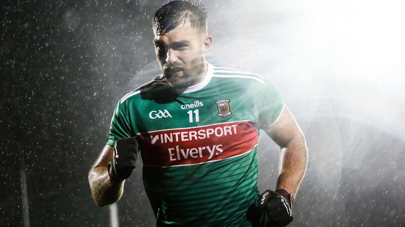 Mayo’s Aidan O’Shea runs off the pitch at fulltime. Photograph:  Tommy Dickson/Inpho