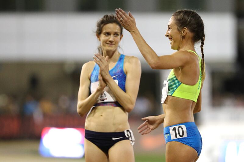 Gabriele Grunewald acknowledges the crowd after finishing the 1,500 metres at the 2017 USA Track & Field Outdoor Championships in Sacramento.