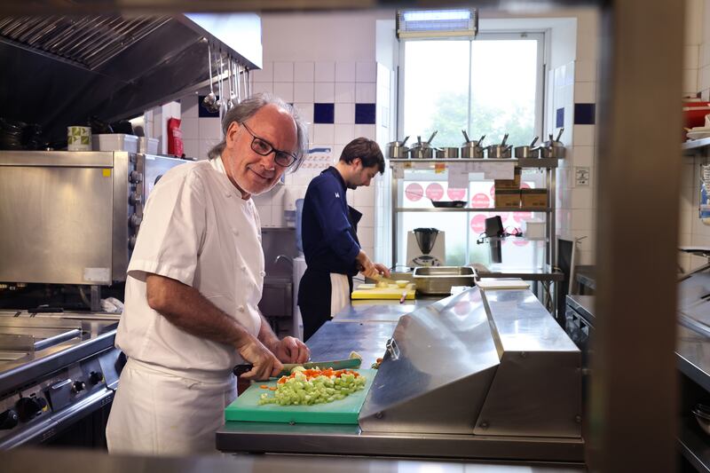 Aidan McGrath, chef/patron at the Wild Honey Inn, Lisdoonvarna, with Daniel Madrutter, in the kitchen. Photograph: Dara Mac Dónaill 