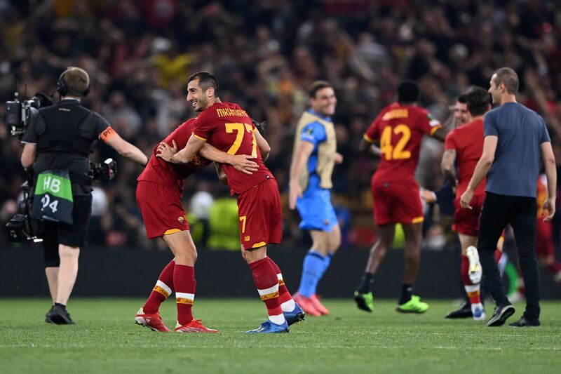 Roma's Armenian midfielder Henrikh Mkhitaryan celebrates after winning the Europa Conference League. Photograph: Ozan Kose/AFP via Getty