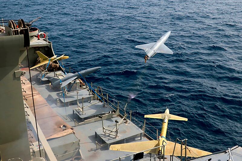 A drone is launched from a warship in a military drone drill in Iran, which is understood to be supplying drones to Russia. Photograph: Iranian Army via AP/PA