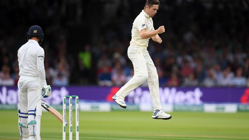 Chris Woakes celebrates taking the wicket of James McCollum. Photo: Alex Davidson/Inpho