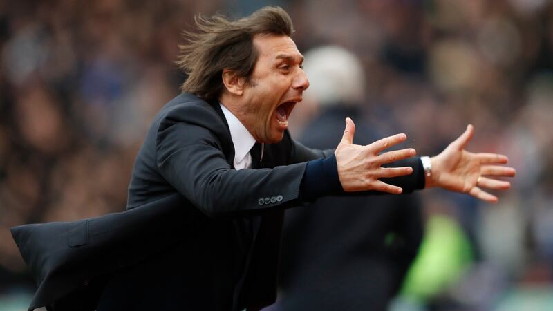 Antonio Conte celebrates after Cahill’s winner. Photo: Carl Recine/Reuters
