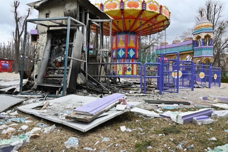 A children's carousel damaged by a Russian rocket in Gorky Central Park in Kharkiv, in April earlier this year. Photograph: Sergey Bobok/AFP via Getty Images