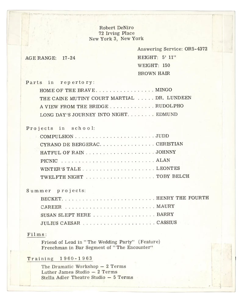 Robert De Niro's early CV. Photograph: Harry Ransom Center