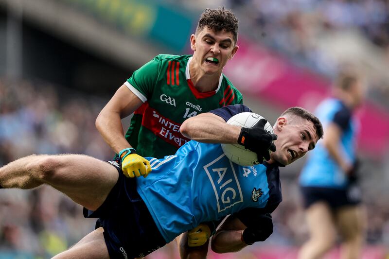 Mayo's Tommy Conroy battling Dublin's Lee Gannon during the 2023 All-Ireland quarter-final. Photograph: Ben Brady/Inpho