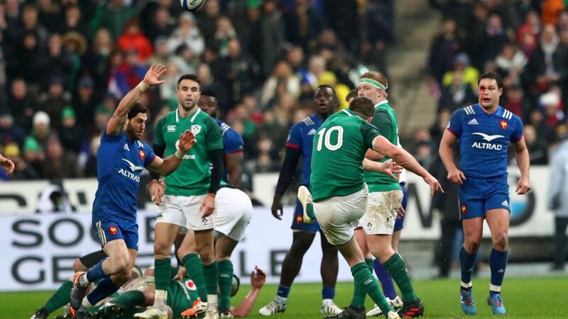 Johnny Sexton kicks the winning drop goal in Paris in 2018. File photograph: Inpho
