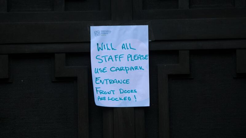 A notice at the Department of Business, Enterprise & Innovation during a protest by farmers over farm produce prices at Stephens Green. Photograph: Collins