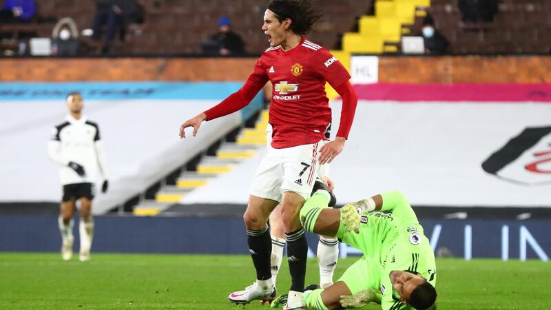 Edinson Cavani of Manchester United celebrates after scoring their first goal past Fulham goalkeeper Alphonse Areola  during the Premier League match at Craven Cottage. Photograph: Clive Rose/Getty Images