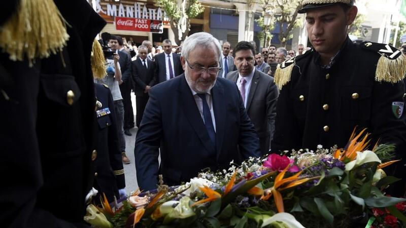 French junior minister for veterans and memory Jean-Marc Todeschini lays a wreath in front of the Bouzid Saal memorial last month during a visit to pay tribute to Algerian victims in Sétif. Photograph: Farouk Batiche/Getty Images/AFP