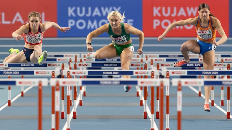 Ireland’s Sarah Lavin competing in the Women’s 60m Hurdles semi-finals at the European Athletics Indoor Championships. Photograph: Inpho