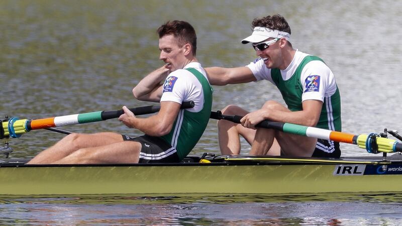 Shane O’Driscoll and Mark O’Donovan celebrate after winning. Photo: Erik S Lesser/EPA