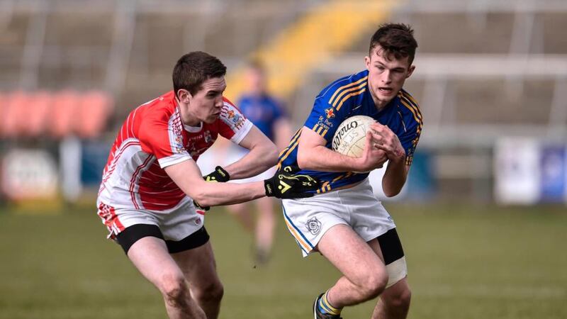 Thomas Edward Donohoe of St Patrick’s, Cavan  and Conall Lyons of Academy during the MacRory Cup final. Photograph: Inpho
