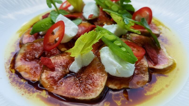Fig with Cordal goat’s cheese and sugar snaps, pomegranate vinegar, chilli and goji berry dressing: chef Chad Byrne’s course at the inaugural Chef Collab dinner in Killarney