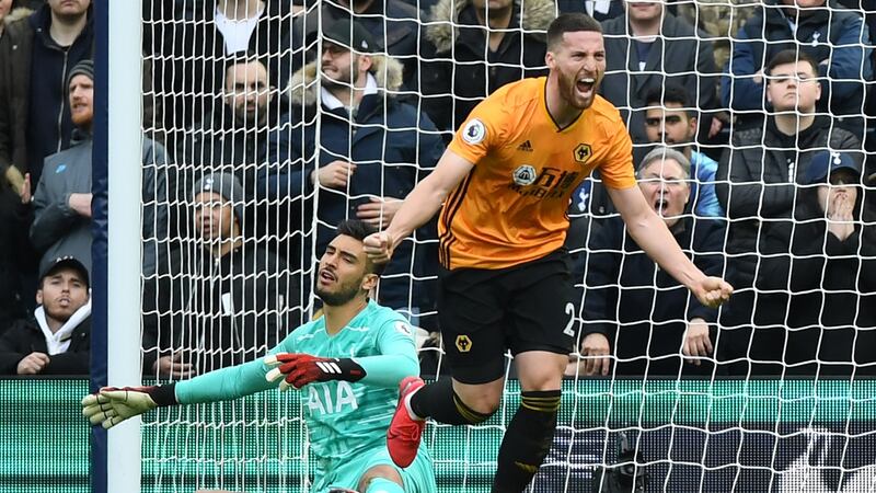 Matt Doherty celebrates scoring for Wolves against Tottenham Hotspur. Photograph:  Daniel Leal-Olivas/AFP via Getty Images