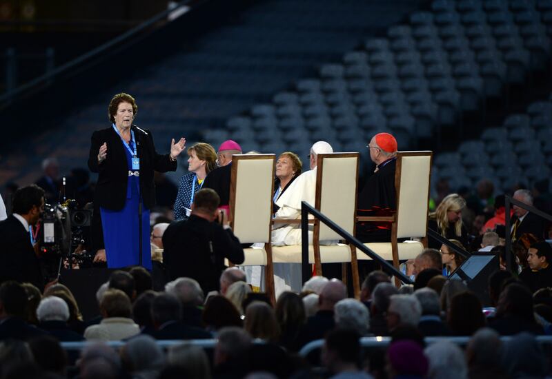 Missie Collins speaking about Traveller ethnicity to Pope Francis at the World Meeting of Families in Dublin in 2018. Photograph: Dara Mac Dónaill