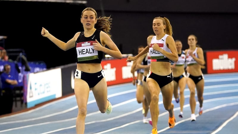 Ireland’s Sarah Healy  competing in the  1,500m final during the Muller Indoor Grand Prix Birmingham at the Utilita Aren. Photograph: Martin Rickett/PA Wire.