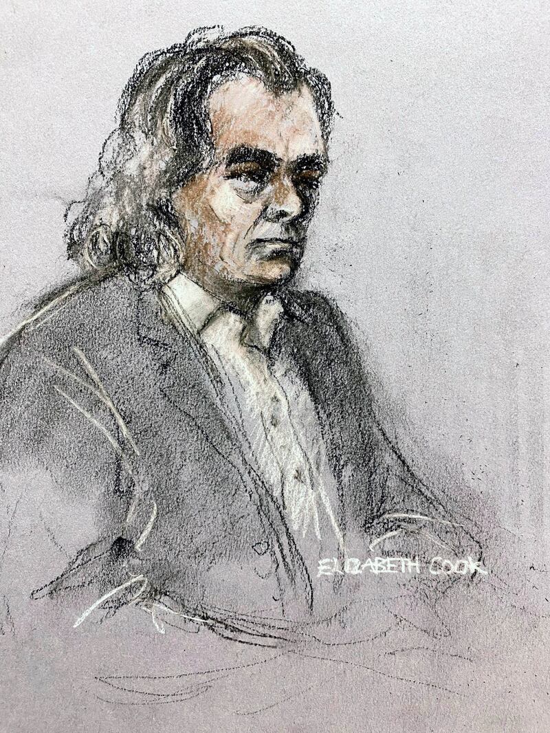Court artist sketch by Elizabeth Cook of Gerard Hutch listening to Jonathan Dowdall giving evidence on December 13th, 2022.