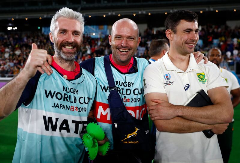 Aled Walters, Jacques Nienaber and Felix Jones after South Africa's win in the 2019 Rugby World Cup semi-final in Yokohama. Photograph: Steve Haag/Gallo Images/Gallo Images