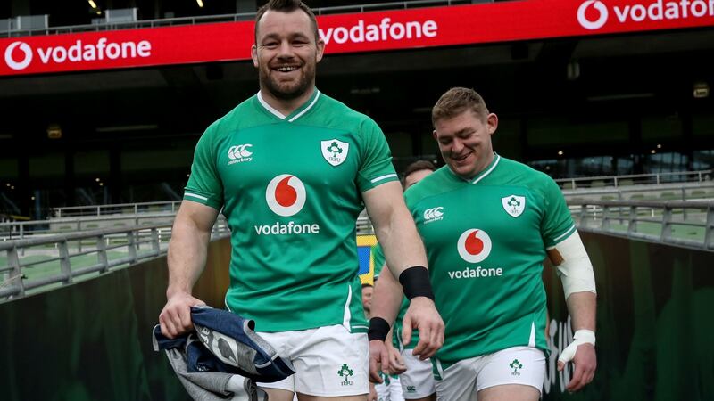 Cian Healy and Tadhg Furlong come out for Friday’s captain’s run at the Aviva Stadium. Photograph:   Dan Sheridan/Inpho
