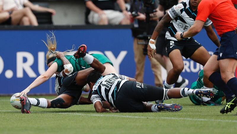 Ireland’s Stacey Flood scores a try during the HSBC World Rugby Sevens Series bronze-medal match against Fiji at the  Stade Ernest-Wallon in  Toulouse. Photograph: Martin Seras Lima/Inpho