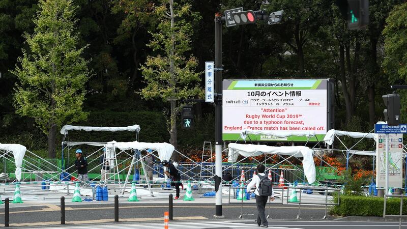 A sign outside of the Yokohama Stadium informs of the cancellation of the England v France game due to Typhoon Hagibis on October 10th, 2019 in Yokohama, Japan. Scotland v Japan has been given the go-ahead. Photograph: Stu Forster/Getty Images