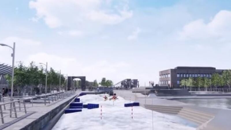 A computer-generated image of the proposed white-water rafting facility at George’s Dock, Dublin. Image: Smart Docklands/YouTube