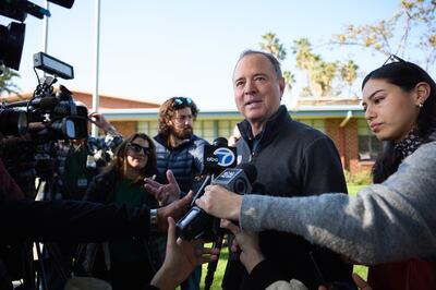Democratic Senate candidate Adam Schiff speaks to the media after casting his in Burbank, California, on Tuesday. Photograph: Allison Dinner/EPA-EFE