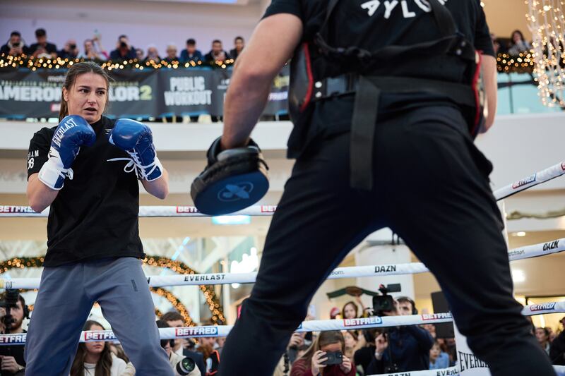 Boxer Katie Taylor during her public workout at Liffey Valley Shopping Centre in advance of her fight against Chantelle Cameron. Photograph: Mark Robinson/Inpho/Matchroom Boxing