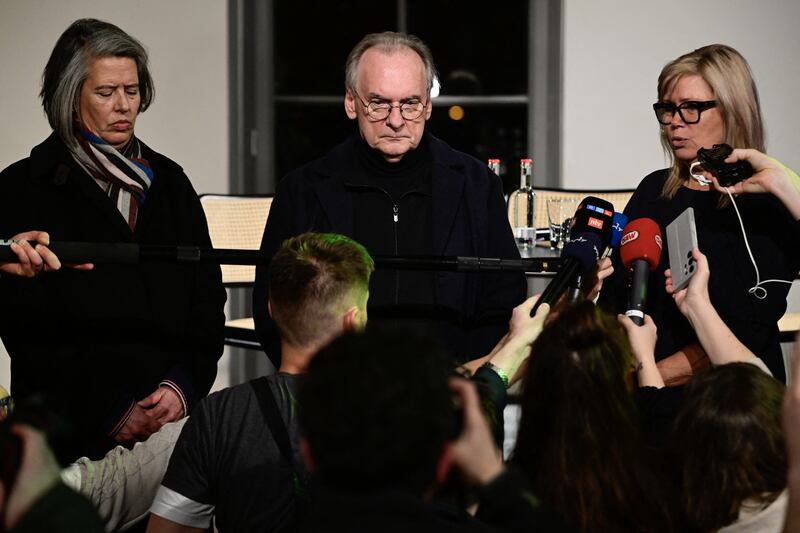 From left to right: Saxony-Anhalt's interior minister Tamara Zieschang, state premier Reiner Haseloff and Magdeburg's ,ayor Simone Borris speak to the media in the city on Friday night. Photograph: John MacDougall/AFP via Getty 