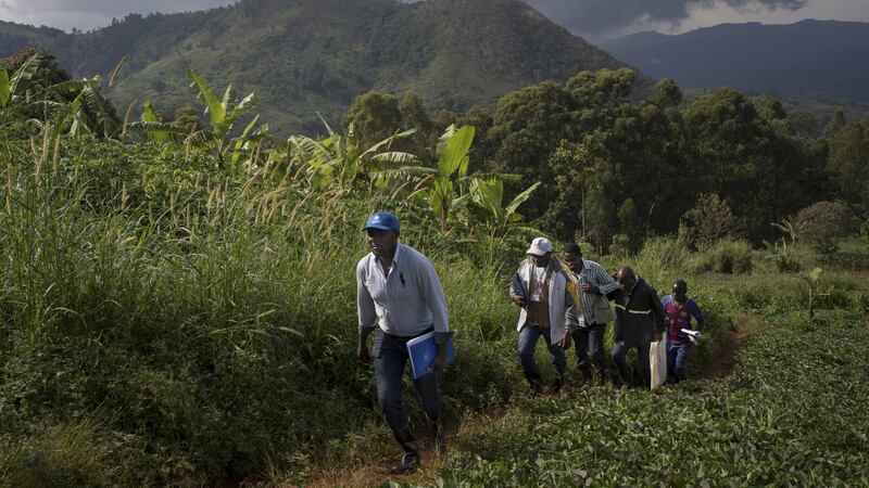 Dr Kasereka Bernardin and a team of Ministry of Health workers on the last leg of their trek to Luseghe.