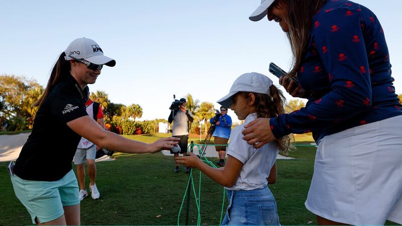 Ireland’s Leona Maguire  gives a golf ball to a young  fan at the 18th green during the second round of the LPGA Drive On Championship at Crown Colony Golf & Country Club  in Fort Myers, Florida. Photograph: Douglas P DeFelice/Getty Images)