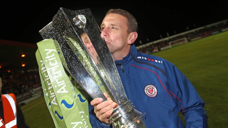 Ian Baraclough celebrates Sligo’s League of Ireland title in 2012. Photograph: Donall Farmer/Inpho