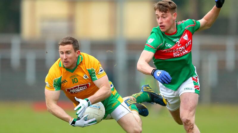 Gary Sice in action for former All-Ireland club champions Corofin against Niall McInerney of St Brigid’s during the Connacht club SFC. He also played for Galway for over a decade. Photograph: James Crombie/Inpho