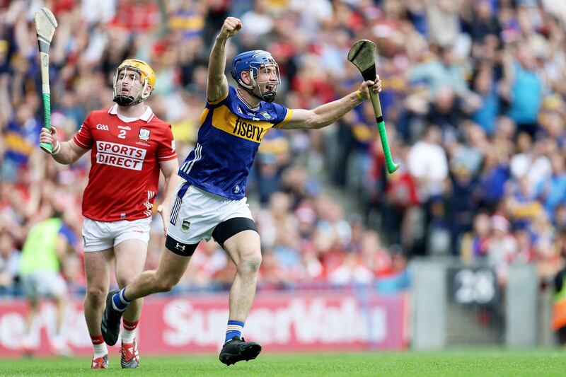 Tipperary's John McGrath celebrates scoring a vital goal. Photograph: Inpho