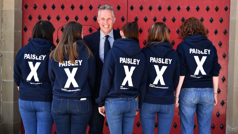 Ian Paisley with some of his election canvassers: The returning MP polled more than 28,000 votes, nearly 20,000 more than his nearest rival, Sinn Féin’s Cara McShane. Photograph:  Charles McQuillan/Getty Images