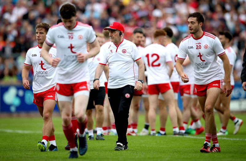 Mickey Harte: his team will resemble the great Tyrone teams of the 2000s in their tactics and  but the quality of the players at his disposal is no longer the same. Photograph: Ryan Byrne/Inpho