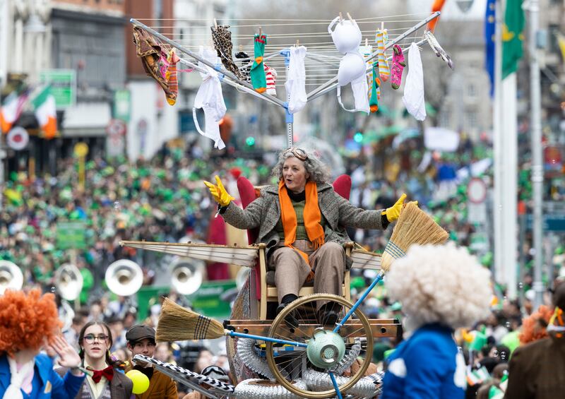 Curious State presents Skylarking, following Betty Skylark and her flying inventions, in the St Patrick's Day parade in Dublin. Photograph: Sam Boal/Collin Photos 