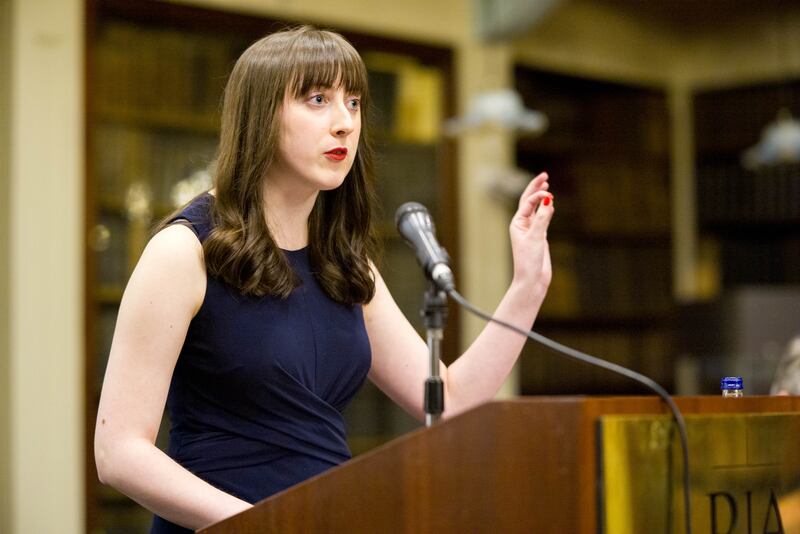 Martha McKinney-Perry, TCD Hist., at the Irish Times Debate Semi-Final iii which took place at the Royal Irish Academy where the motion: This House Believes that unification is not in the best interests of the people of the 26 counties.

Photo: Joh Ohle for Irish Times