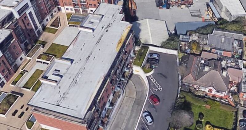 Roof damage at the Hyde Square apartments in Kilmainham, Dublin.