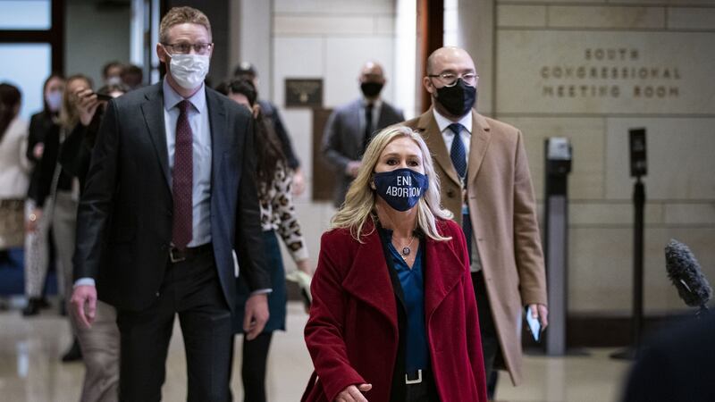 Georgia Republican Marjorie Taylor Green arriving for a House Republican caucus meeting on Capitol Hill in Washington DC on Wednesday. Photographer: Al Drago/Bloomberg